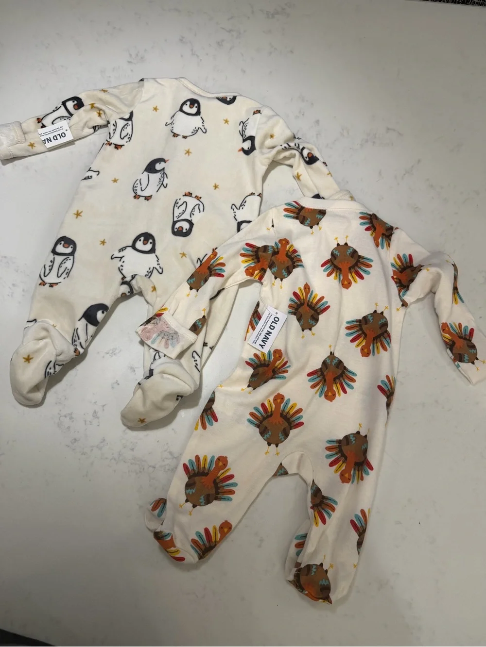 Old Navy Cream Footed One-Piece with Colorful Turkey Motif bundle of two pieces.